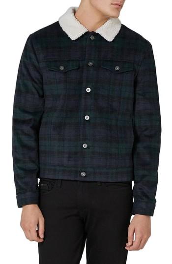 Men's Topman Borg Collar Black Watch Plaid Western Jacket - Blue