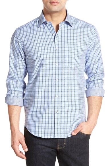 Men's Bugatchi Shaped Fit Grid Sport Shirt - Blue