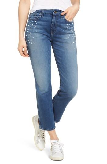 Women's Jen7 Pearl Embellished Straight Cropped Jeans - Blue