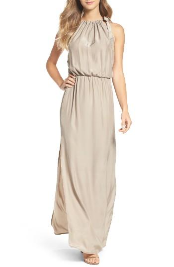 Women's Natalie Deayala High Neck Silk Column Gown - Beige