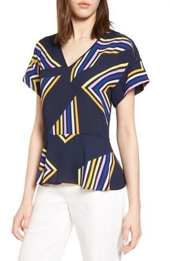 Women's Halogen Ruffle Sleeve Peplum Stretch Cotton Blend Top, Size - Blue