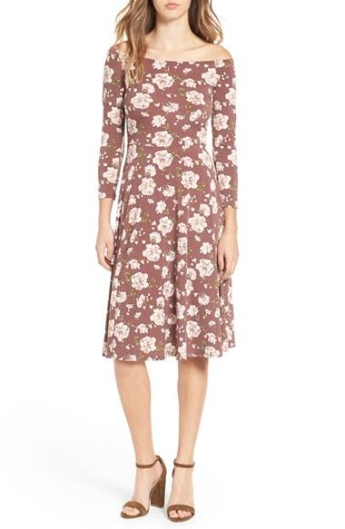 Women's Soprano Off The Shoulder Floral Print Fit & Flare Dress - Beige