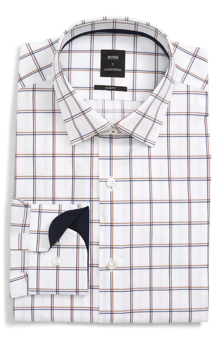 Men's Boss X Nordstrom Jesse Slim Fit Windowpane Dress Shirt .5 - Brown