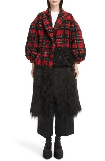 Women's Simone Rocha Mixed Media Tartan & Faux Fur Coat Us / 4 Uk - Black