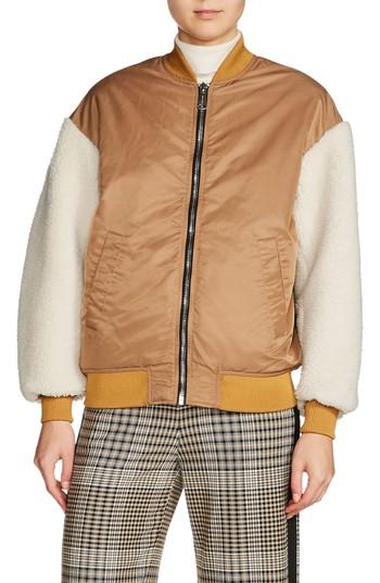 Women's Maje Schott Genuine Shearling Sleeve Bomber Jacket - Brown
