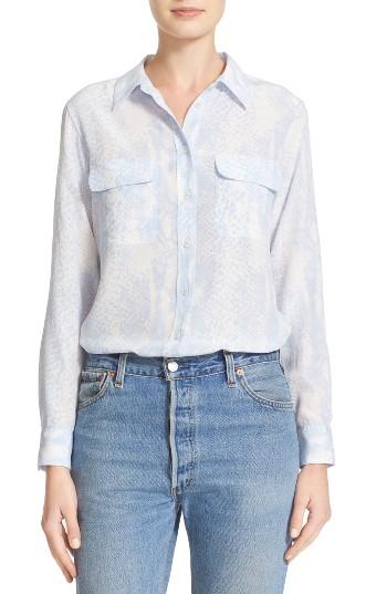 Women's Equipment Slim Signature Print Silk Shirt - Blue