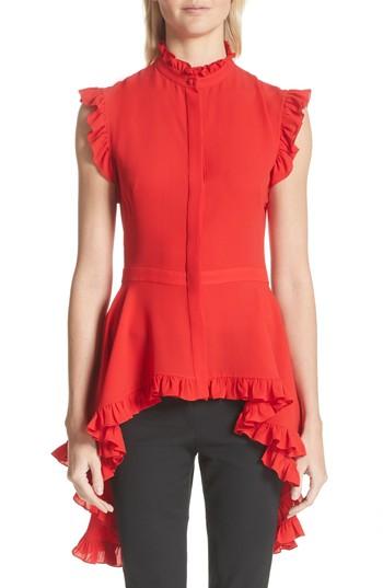 Women's Alexander Mcqueen Ruffle Trim Silk Georgette Top Us / 40 It - Red