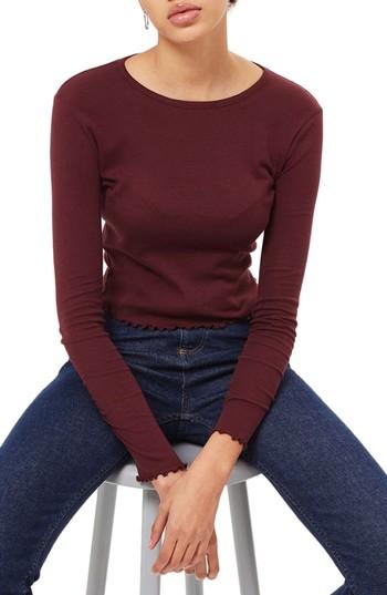 Women's Topshop Lettuce Hem Crop Top Us (fits Like 0-2) - Burgundy