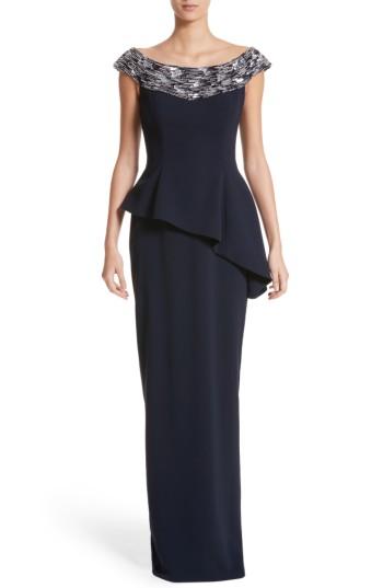 Women's Pamella Roland Embellished Off The Shoulder Peplum Gown - Blue