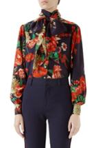 Women's Gucci Spring Bouquet Print Tie Neck Silk Blouse Us / 36 It - Red
