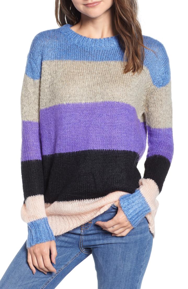 Women's Woven Heart Fuzzy Stripe Sweater