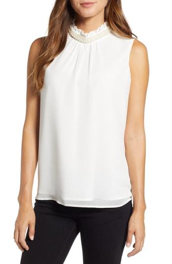 Women's Karl Lagerfeld Paris Faux Pearl Collar Sleeveless Blouse - White
