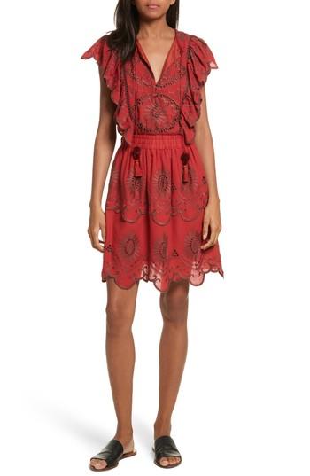 Women's Sea Ruffle Cotton Eyelet Dress - Red