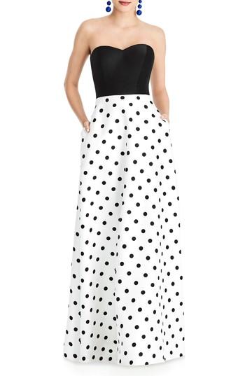 Women's Alfred Sung Strapless Dot Block Sateen Gown - White