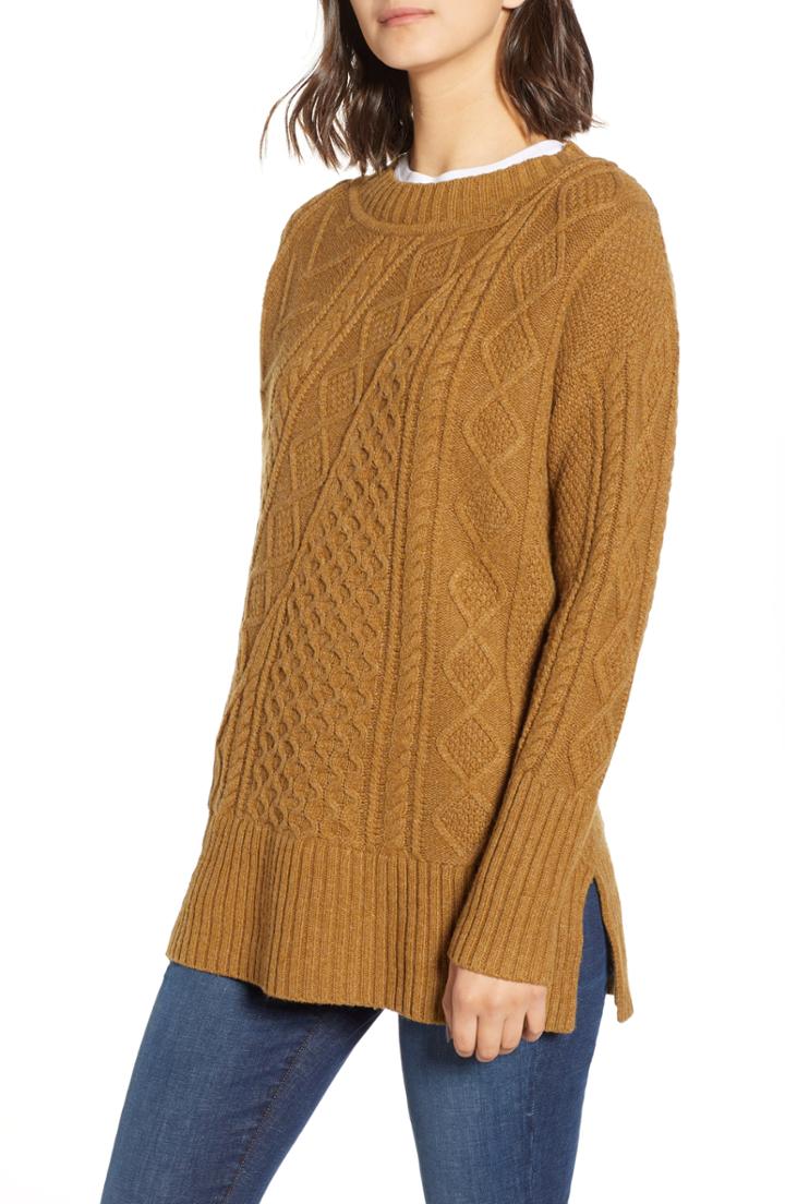 Women's J.crew Patchwork Cable Knit Oversize Tunic Sweater - Brown