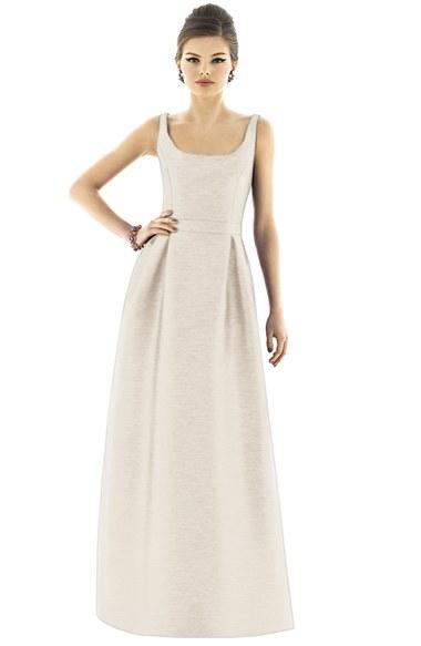Women's Alfred Sung Scoop Neck Dupioni Full Length Dress - Beige