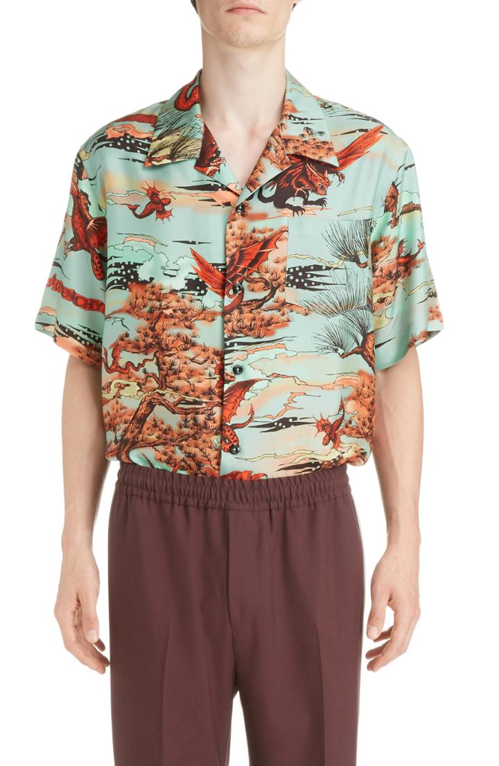Men's Givenchy Underwater Print Silk Camp Shirt - Green