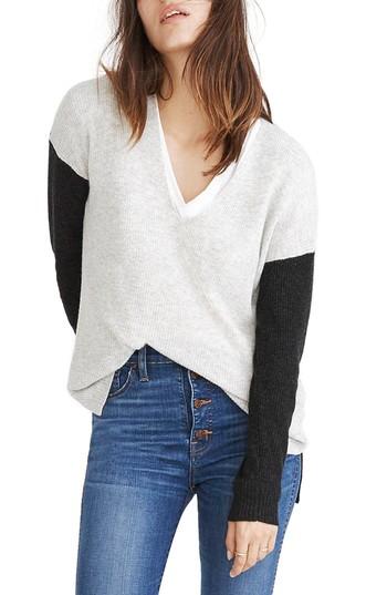 Women's Madewell Warmlight Colorblock V-neck Sweater, Size - Grey