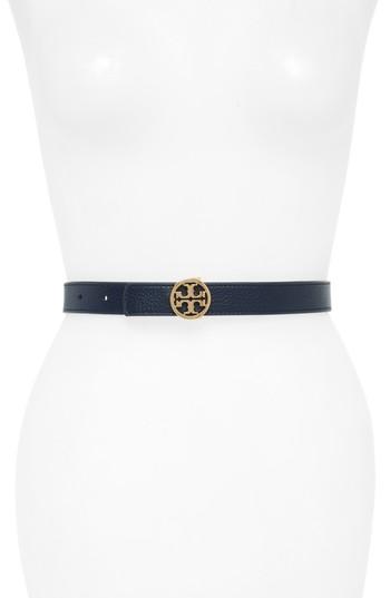 Women's Tory Burch Reversible Logo Leather Belt - Royal Navy/ Seltzer