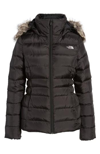 Women's The North Face Gotham Ii Hooded Water Resistant 550-fill-power Down Jacket With Faux Fur Trim - Black