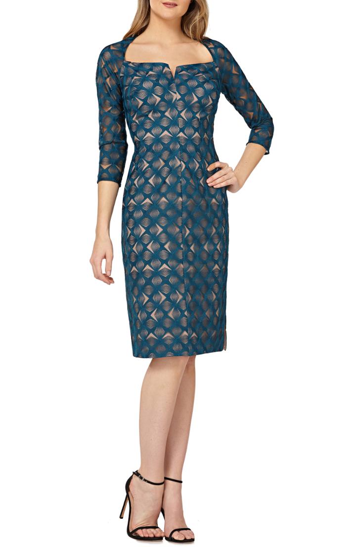 Women's Kay Unger Geometric Embroidered Cocktail Sheath - Blue/green