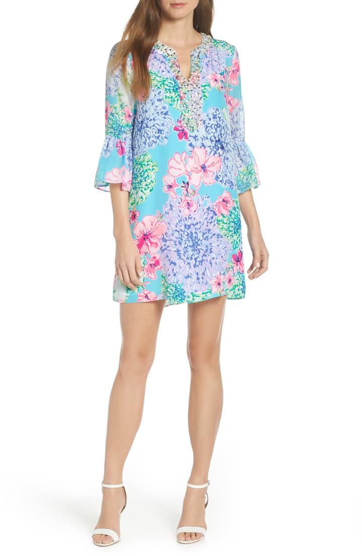 Women's Lilly Pulitzer Elenora Floral Embellished Silk Dress, Size - Blue