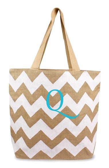 Cathy's Concepts Monogram Chevron Print Jute Tote - White