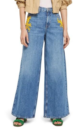 Women's Topshop Moto Bead Detail Wide Leg Non-stretch Jeans W X 30l (fits Like 24w) - Blue