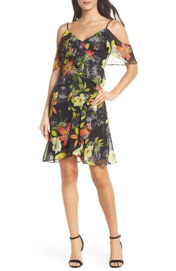 Women's Clover And Sloane Print Cold Shoulder Chiffon Dress - Black