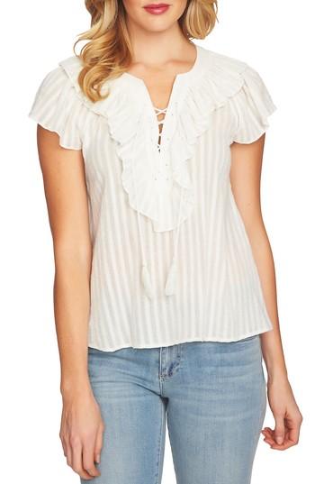 Women's Cece Lace Up Ruffle Stripe Cotton Blouse