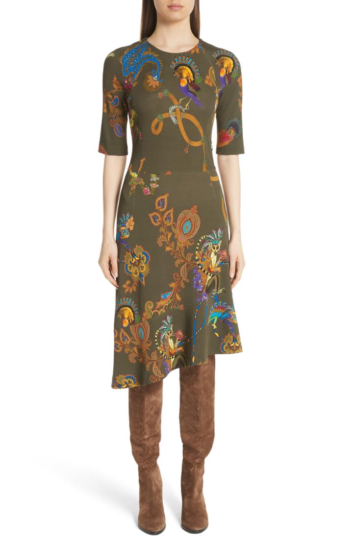 Women's Etro Lemur Print Asymmetrical Dress Us / 44 It - Green