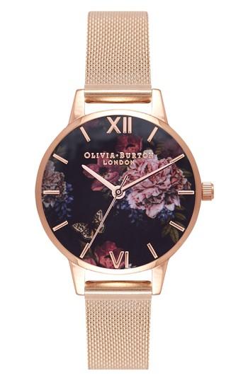 Women's Olivia Burton Dark Bouquet Mesh Strap Watch, 30mm