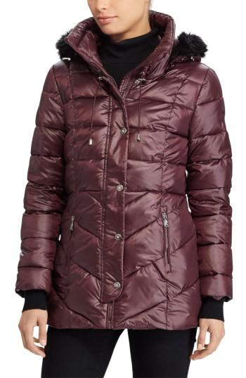 Women's Lauren Ralph Lauren Puffer With Faux Fur - Burgundy