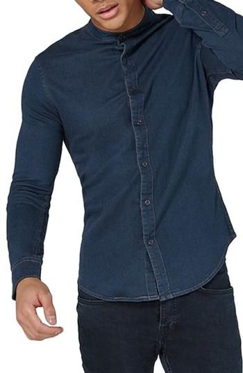Men's Topman Band Collar Denim Shirt - Blue
