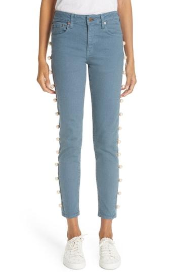 Women's Tu Es Mon Tresor Imitation Pearl Embellished Jeans - Blue