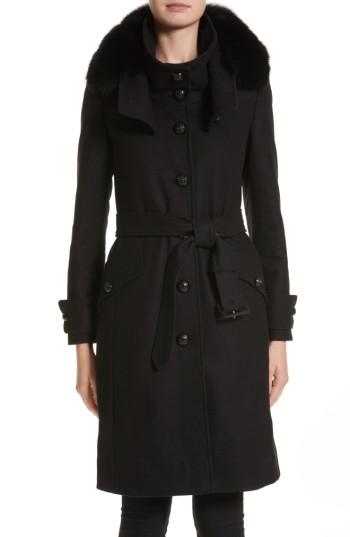 Women's Burberry Claybrooke Wool Blend Coat With Removable Genuine Fox Fur Trim - Green