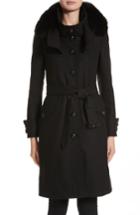 Women's Burberry Claybrooke Wool Blend Coat With Removable Genuine Fox Fur Trim - Green