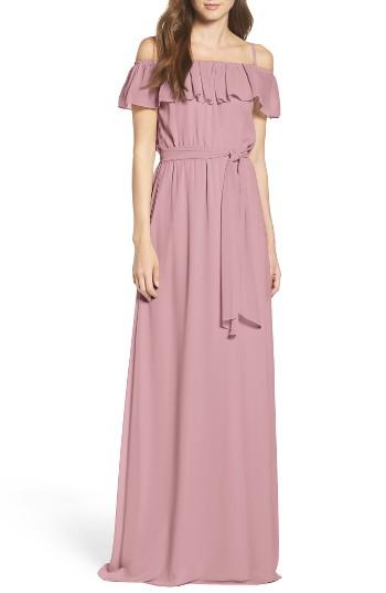 Women's Ceremony By Joanna August Ruffle Off The Shoulder Chiffon Gown - Pink