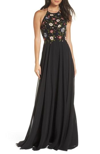Women's Jenny Yoo Sophie Embroidered Luxe Chiffon Gown - Black