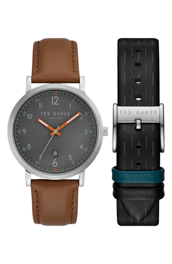 Men's Ted Baker London Leather Strap Watch Gift Set, 40mm