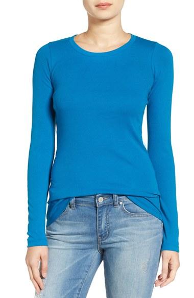 Petite Women's Caslon Long Sleeve Scoop Neck Cotton Tee, Size P - Blue/green