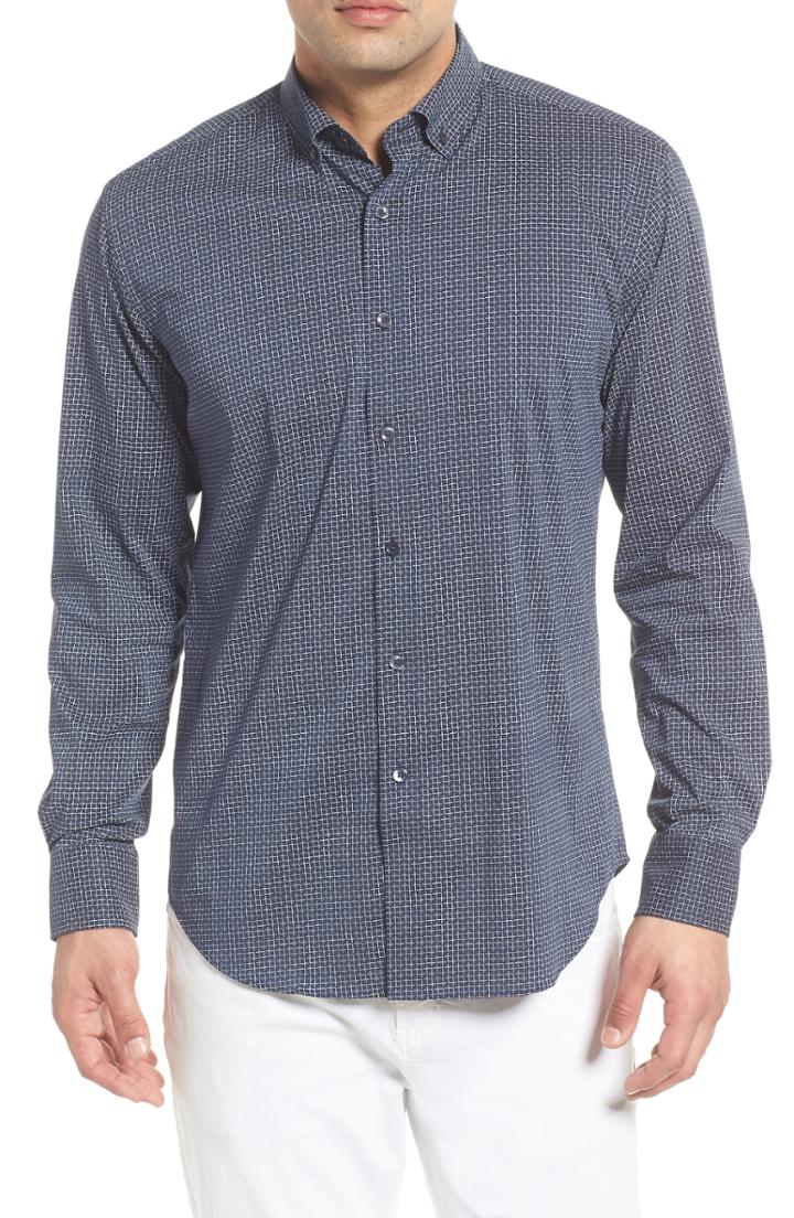 Men's Bugatchi Shaped Fit Broken Grid Performance Sport Shirt, Size - Blue
