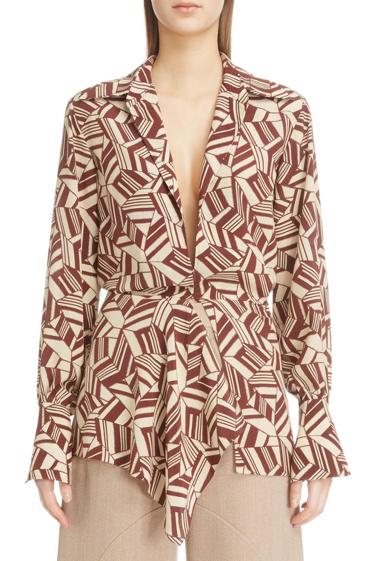 Women's Chloe Geometric Print Silk Blouse Us / 36 Fr - Brown