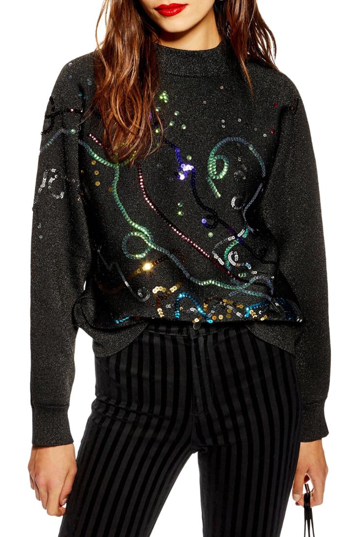Women's Topshop Christmas Party Popper Sweater Us (fits Like 0) - Black