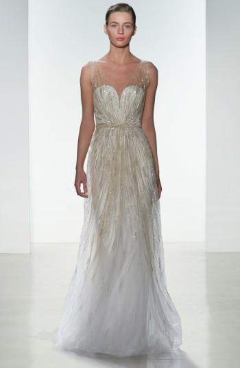 Women's Amsale Talia Hand Beaded Low V-neck Gown