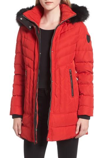 Women's Vince Camuto Down Parka With Detachable Hood & Faux Fur Trim - Red
