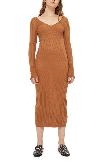 Women's Topshop Double V-neck Ribbed Midi Dress Us (fits Like 0-2) - Beige