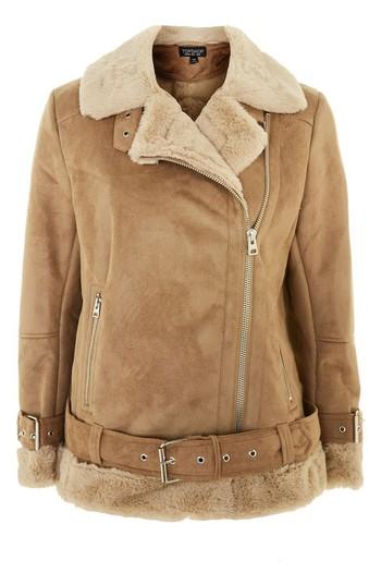 Women's Topshop Faux Shearling Biker Jacket Us (fits Like 0) - Beige