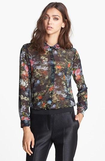 The Kooples Sheer Flower Print Blouse Black/ Orange
