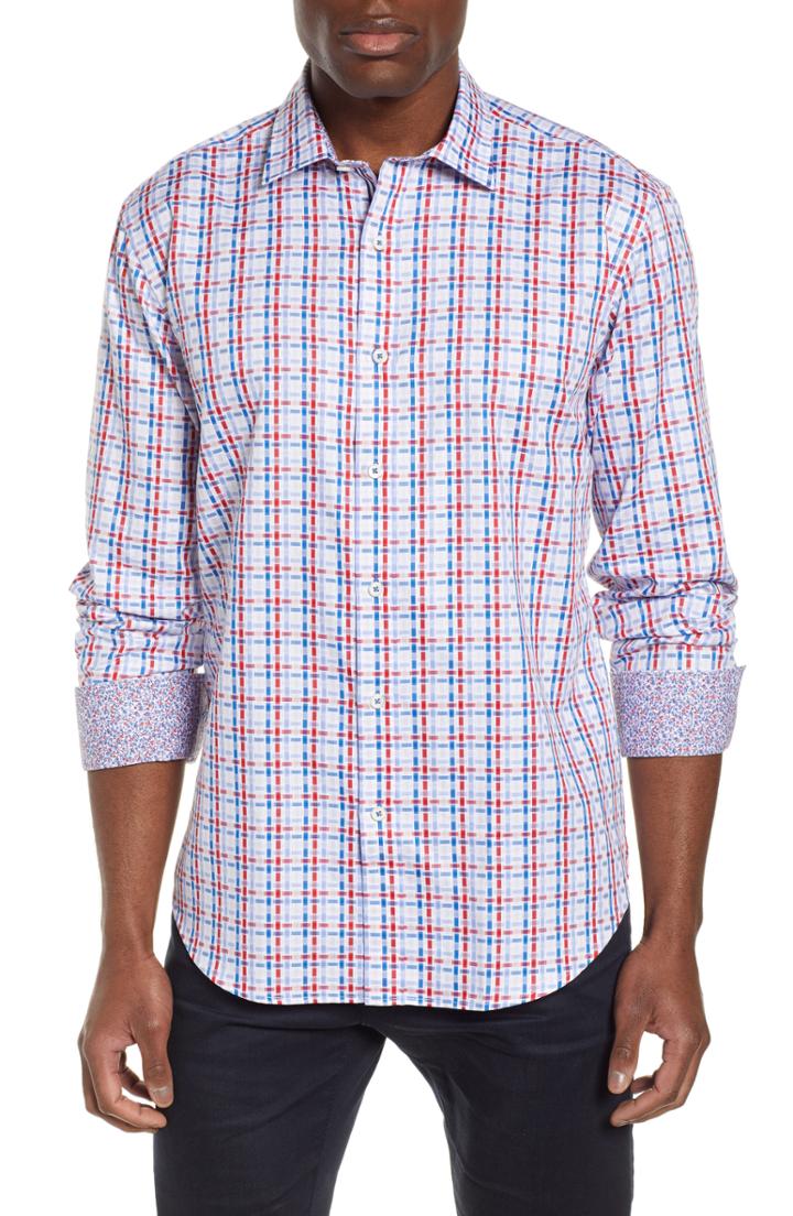 Men's Bugatchi Shaped Fit Basketweave Print Sport Shirt - Blue